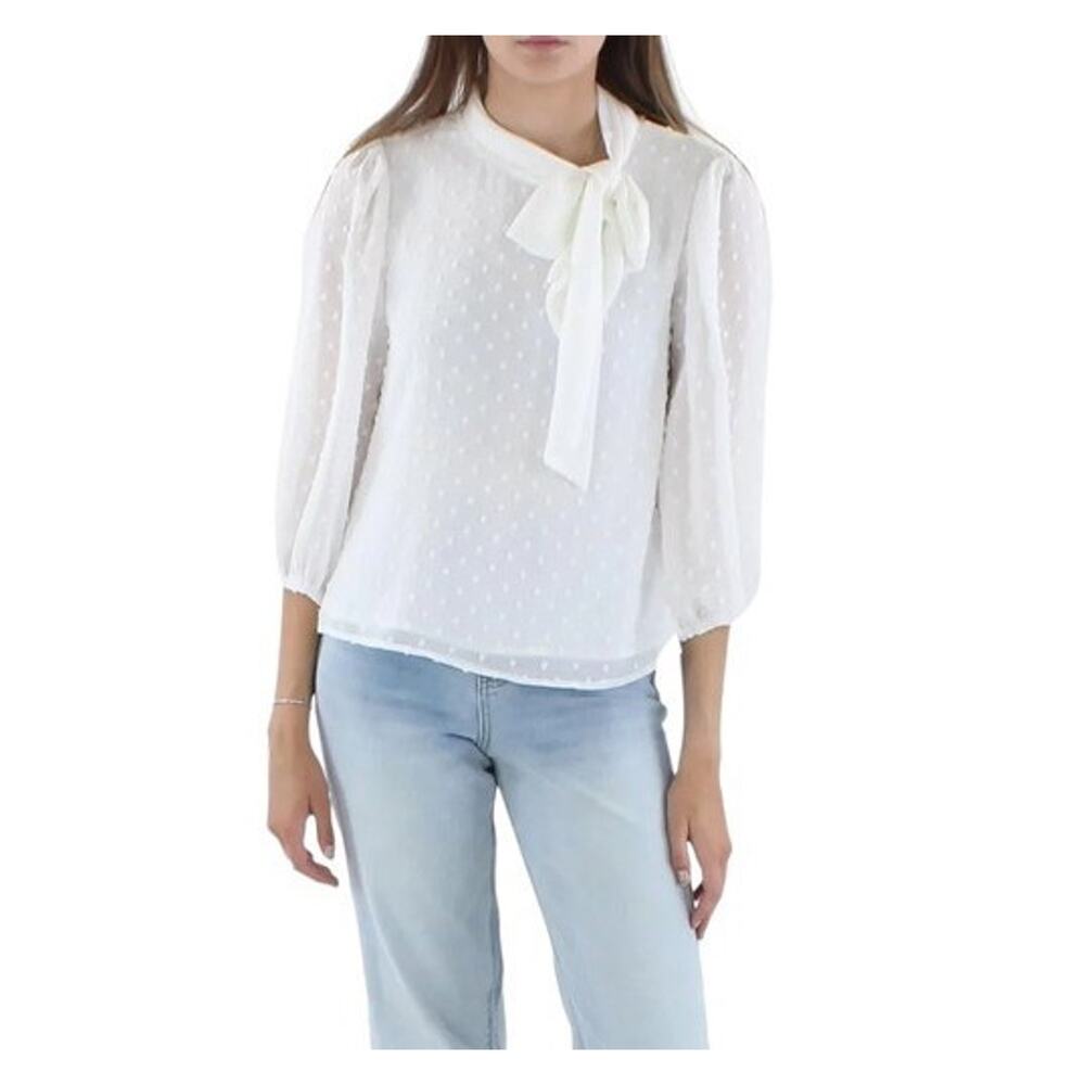 Riley & Rae Women's Pleated Sheer Pouf Sleeve Tie Neck Blouse New Ivory Size XL